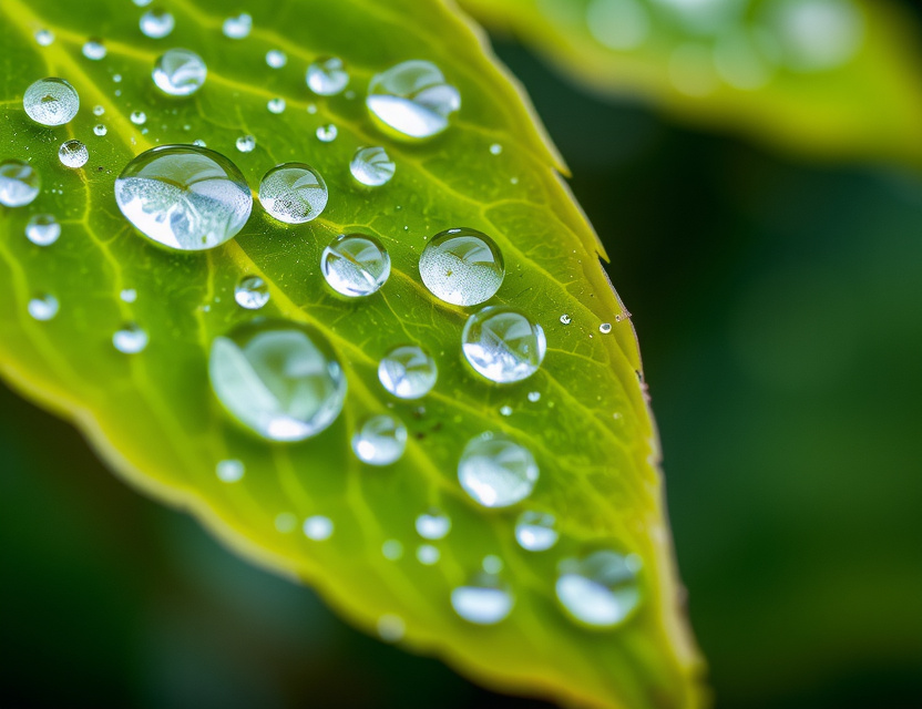 Close-up of dew drops on botanical leaf symbolizing purity